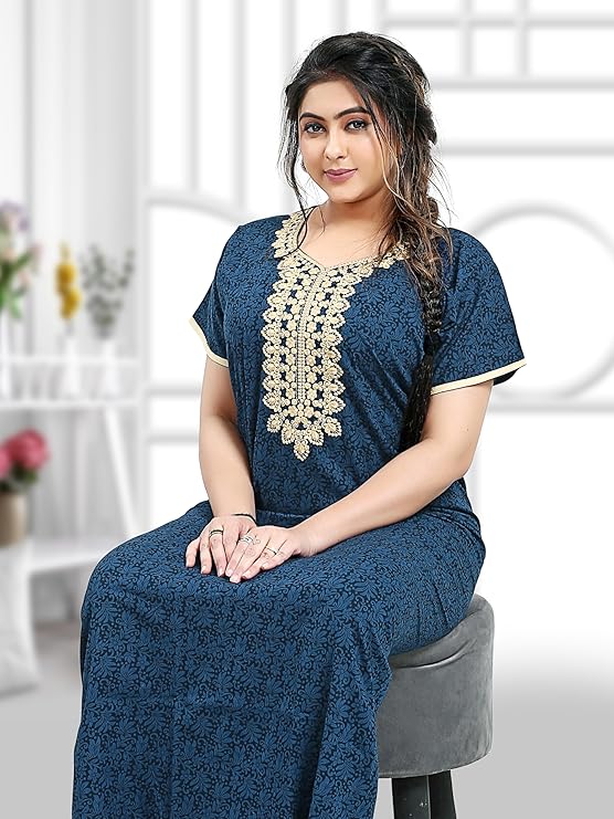 Zairra Blue Embroidered Cotton Nighty for Women – Soft Cotton, Maxi Fit