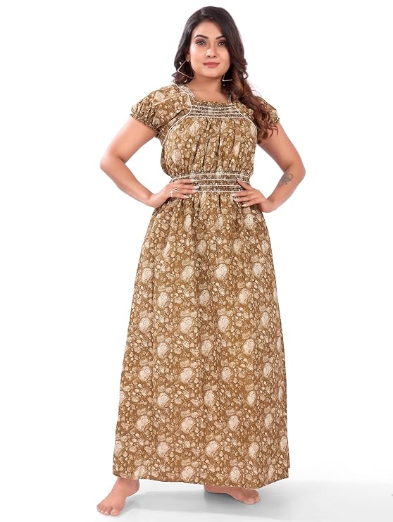 Zairra Women’s Cotton Nightgown – Golden Printed Maxi Sleepwear