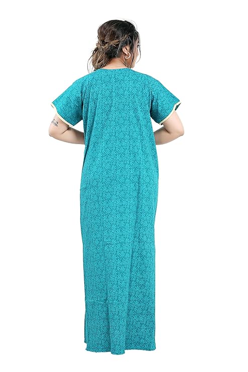 Zairra Embroidered Cotton Nightgown for Women – Teal Blue with Floral Embroidery