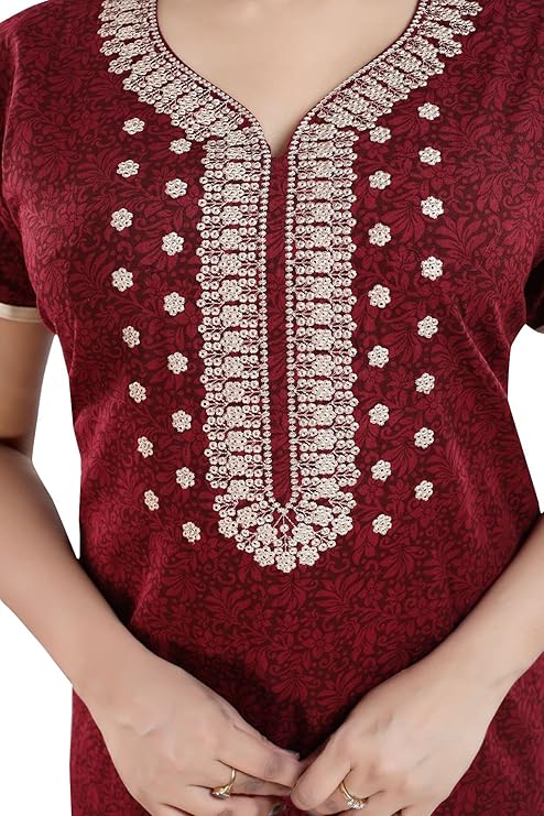 Zairra Embroidered Cotton Maxi Nightgown – Maroon, Free Size