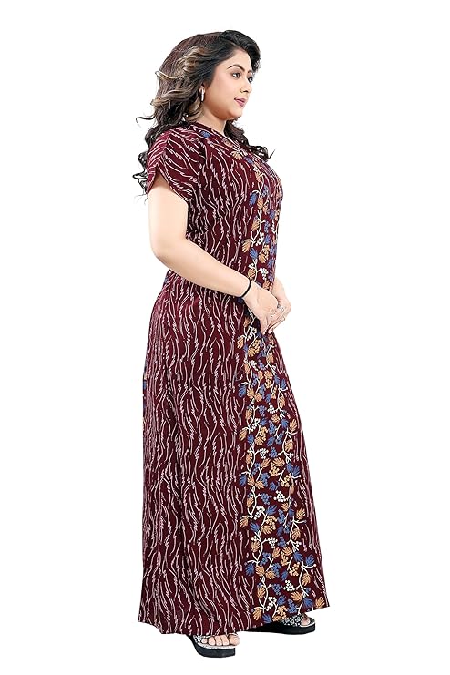 Zairra Brown Printed Cotton Nighty for Women – Front Zipper, Maxi Fit, Soft Cotton