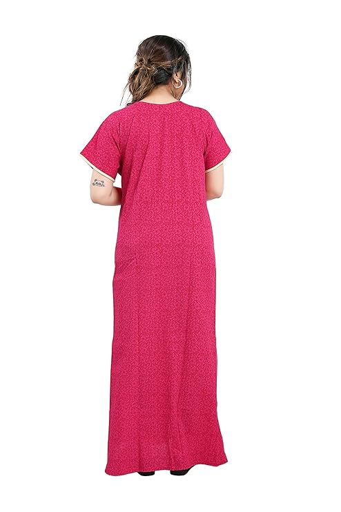 Zairra Embroidered Cotton Maxi Nighty for Women – Pink