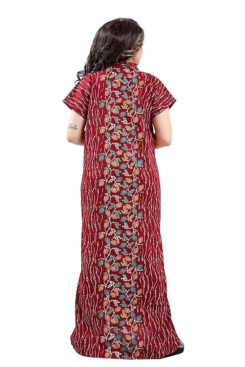 Zairra Red Cotton Nighty for Women – Front Zip, Full-Length, 100% Cotton