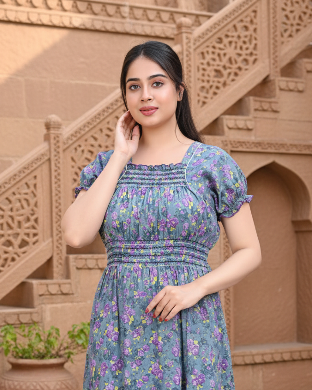 Zairra Women’s Cotton Printed Maxi Nightgown – Blue Floral Design (Free Size)