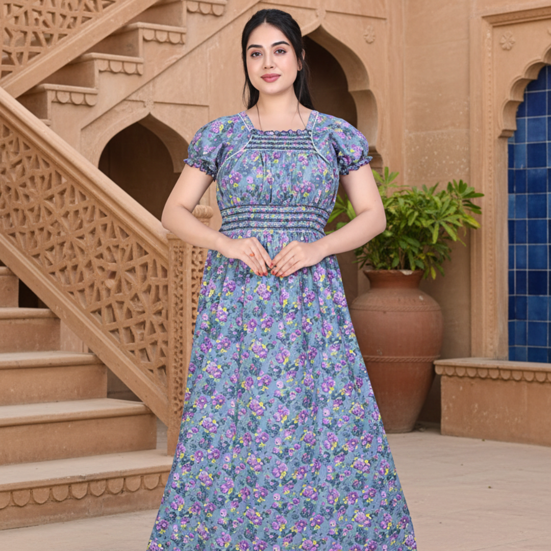 Zairra Women’s Cotton Printed Maxi Nightgown – Blue Floral Design (Free Size)