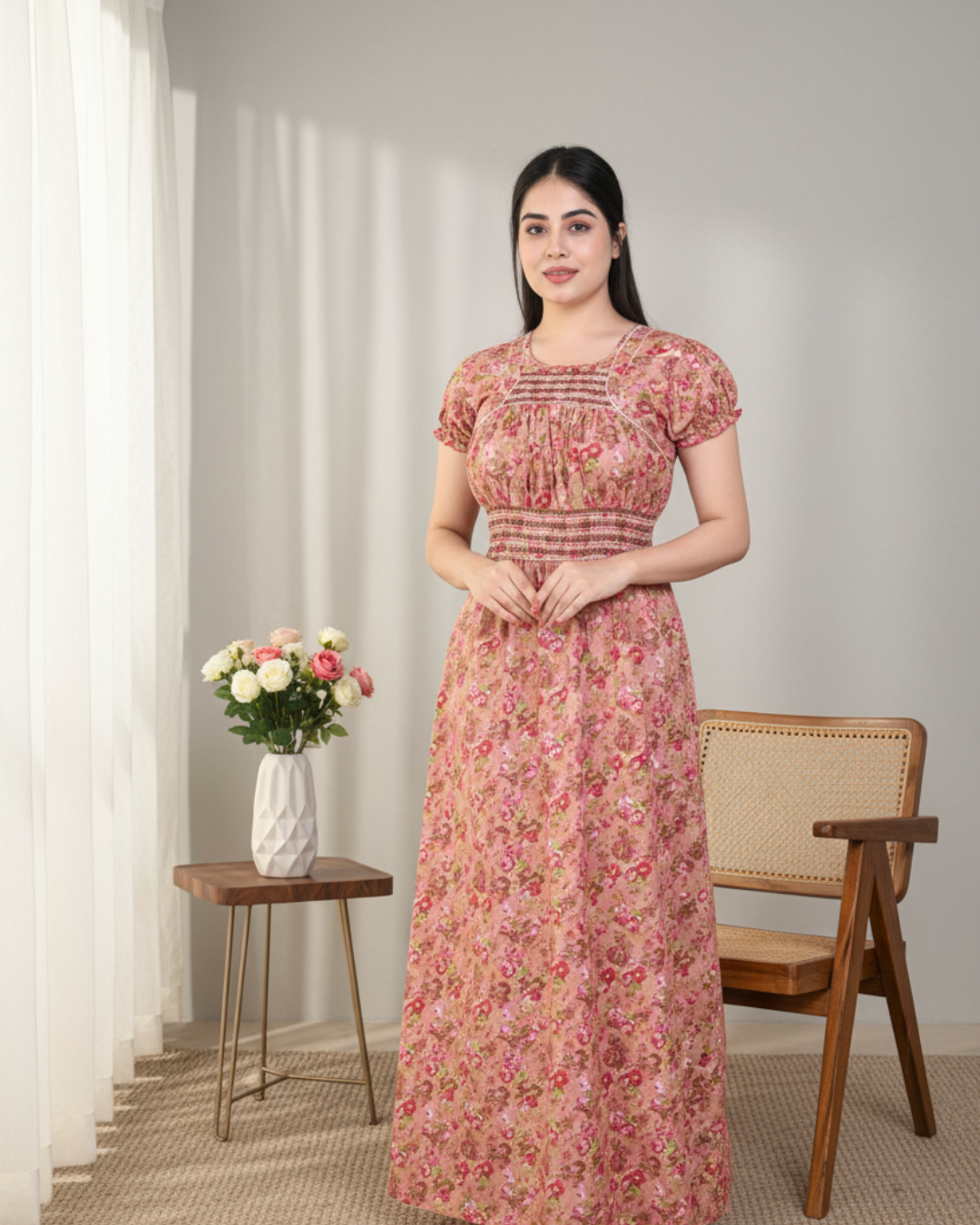 Zairra Women’s Cotton Printed Maxi Nightgown – Peach Floral Design (Free Size)