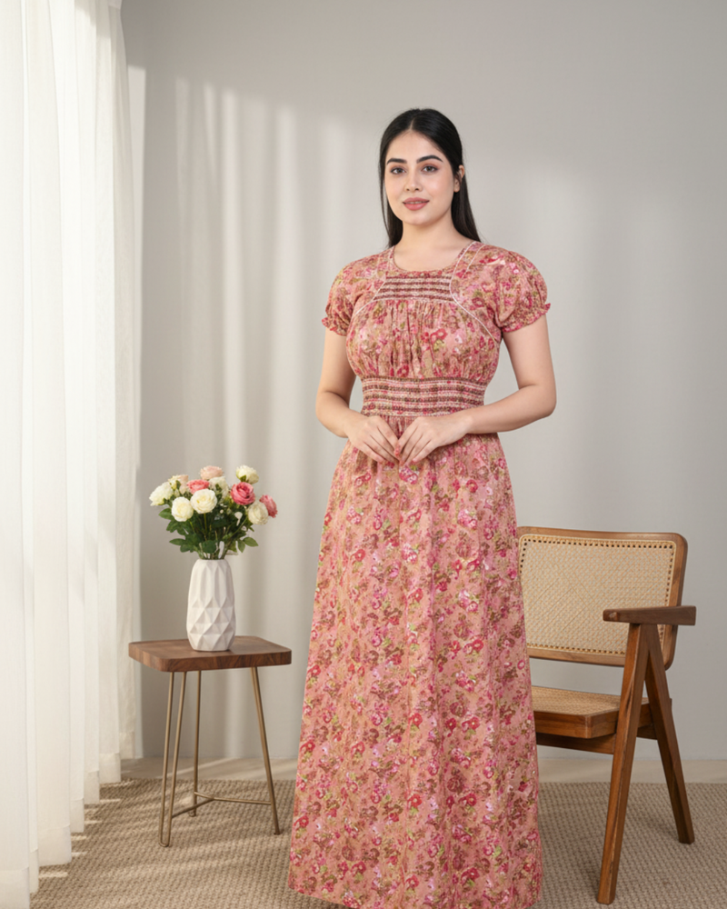 Zairra Women’s Cotton Printed Maxi Nightgown – Peach Floral Design (Free Size)