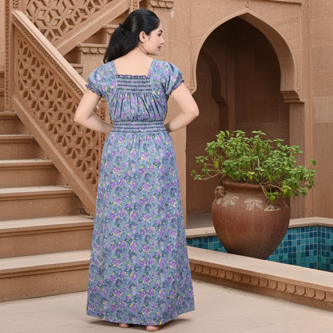 Zairra Women’s Cotton Printed Maxi Nightgown – Blue Floral Design (Free Size)