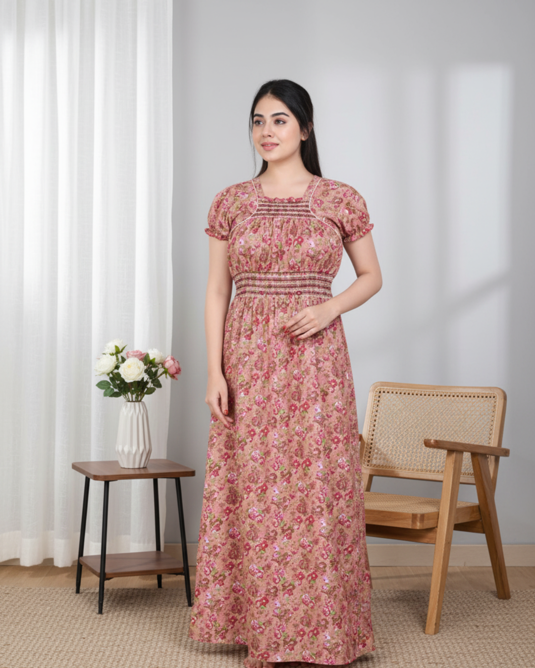 Zairra Women’s Cotton Printed Maxi Nightgown – Peach Floral Design (Free Size)