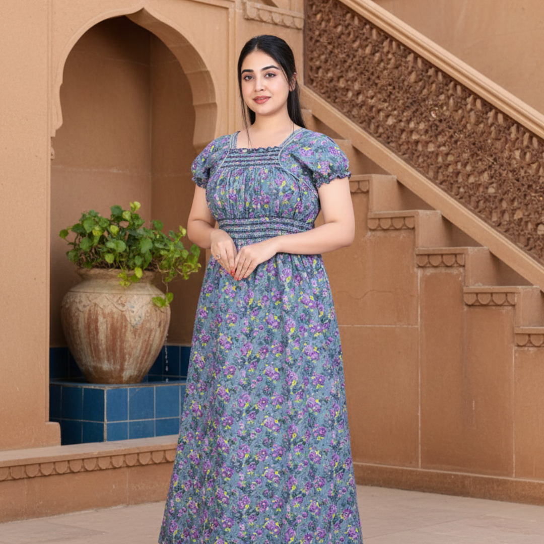 Zairra Women’s Cotton Printed Maxi Nightgown – Blue Floral Design (Free Size)