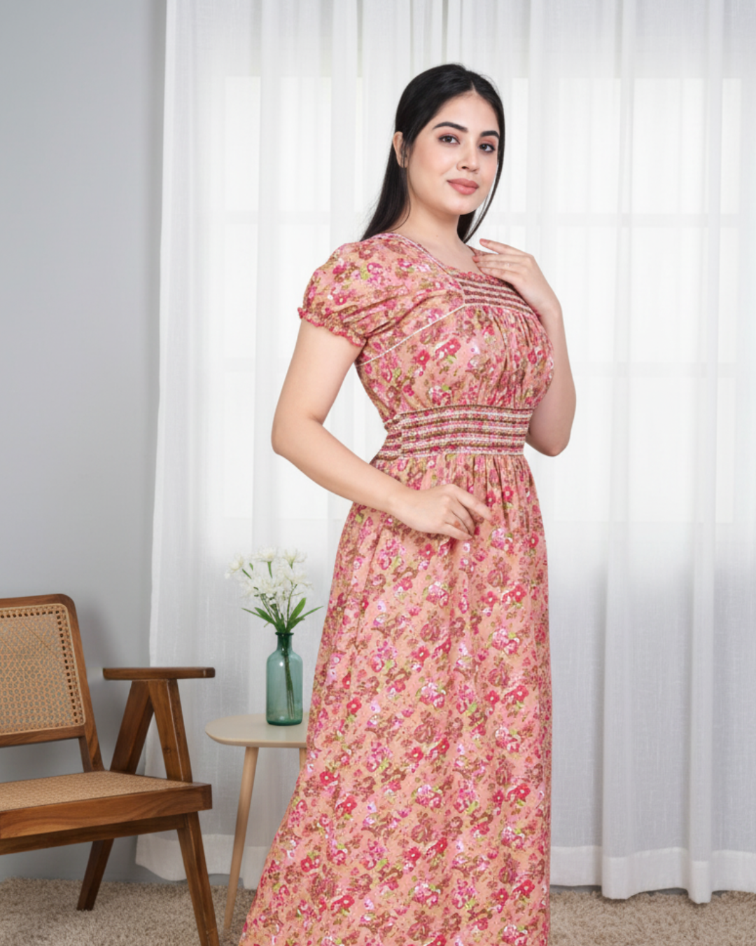 Zairra Women’s Cotton Printed Maxi Nightgown – Peach Floral Design (Free Size)