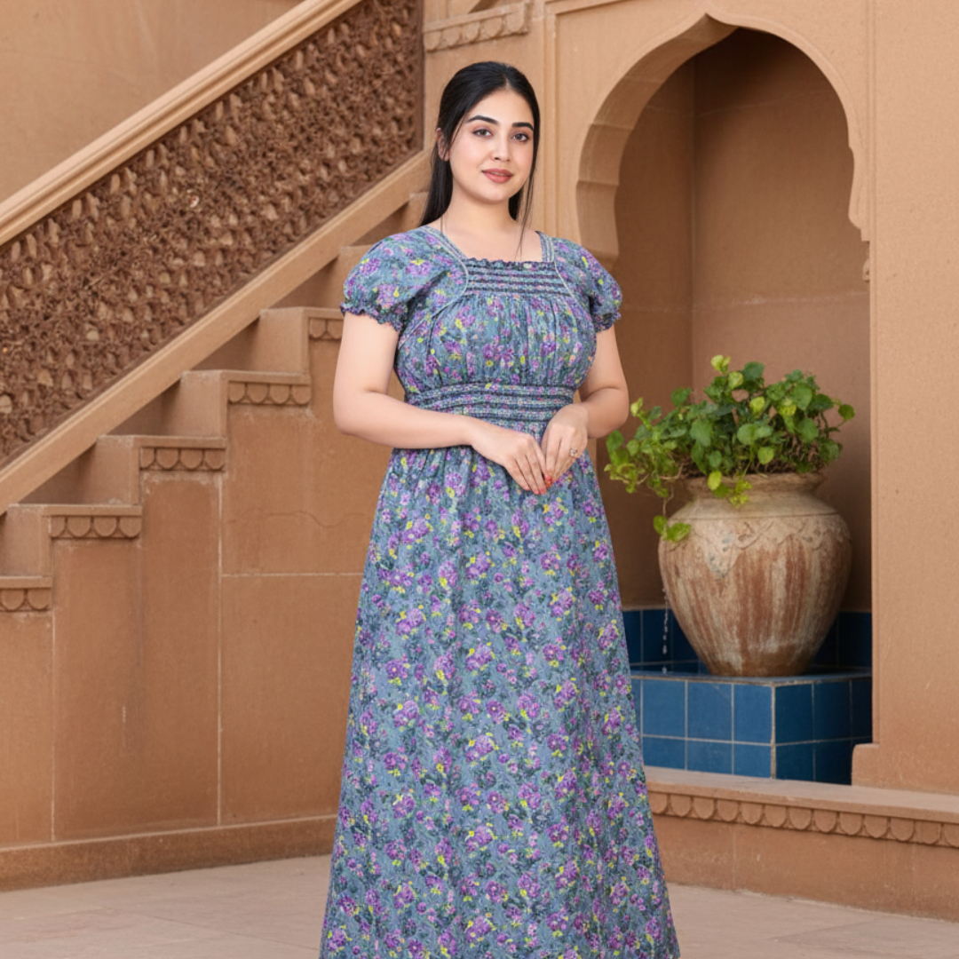 Zairra Women’s Cotton Printed Maxi Nightgown – Blue Floral Design (Free Size)