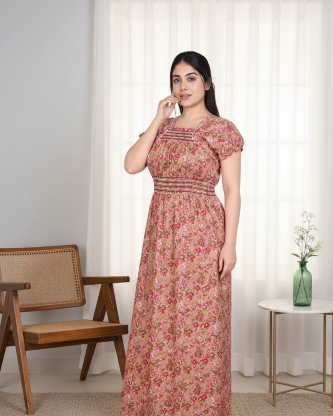 Zairra Women’s Cotton Printed Maxi Nightgown – Peach Floral Design (Free Size)