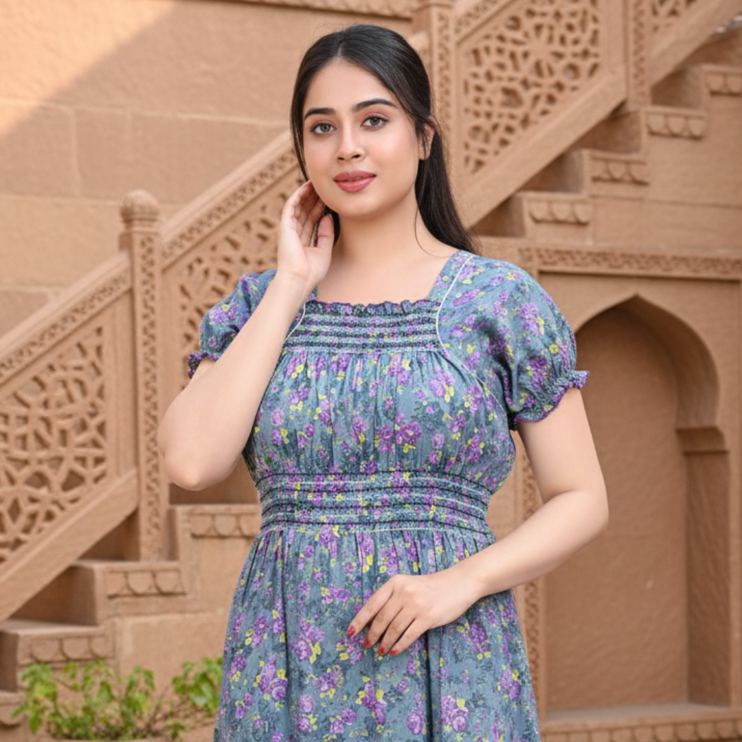 Zairra Women’s Cotton Printed Maxi Nightgown – Blue Floral Design (Free Size)