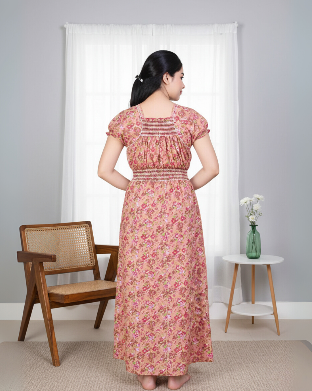 Zairra Women’s Cotton Printed Maxi Nightgown – Peach Floral Design (Free Size)