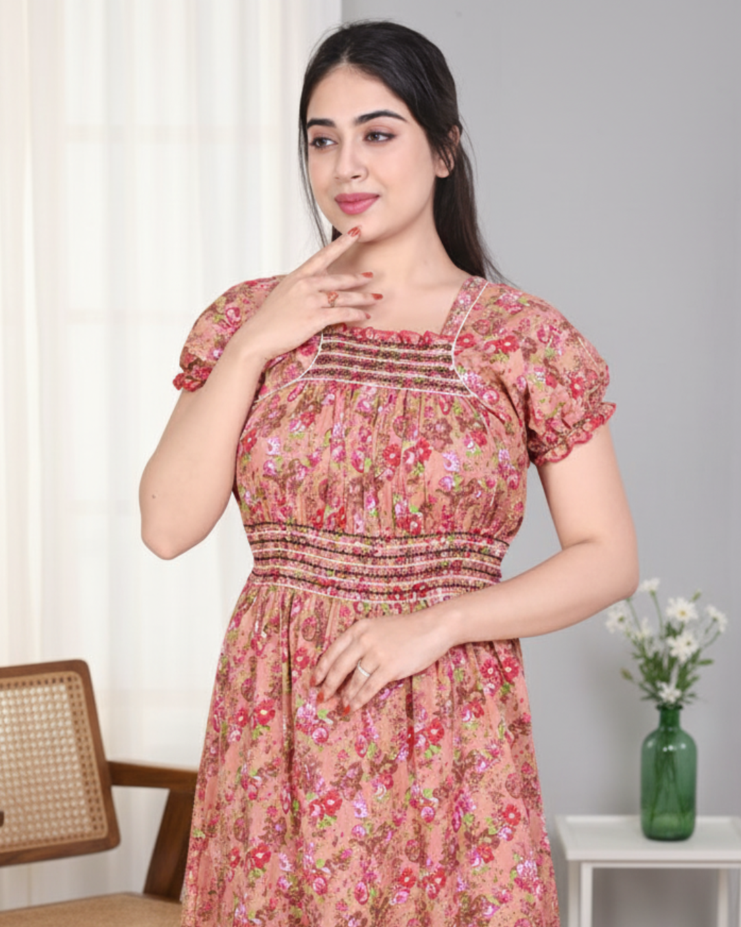 Zairra Women’s Cotton Printed Maxi Nightgown – Peach Floral Design (Free Size)