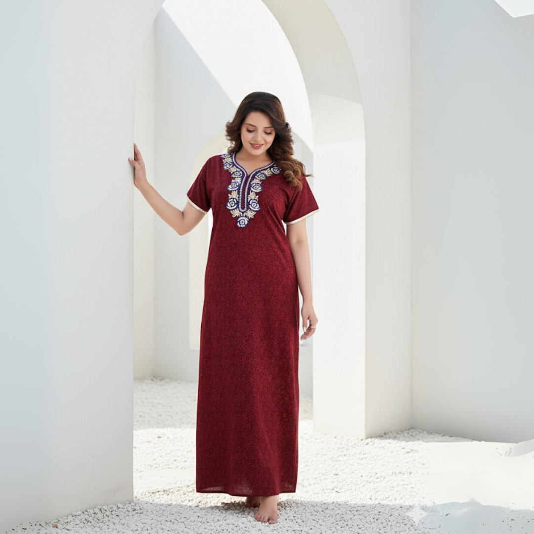 Zairra Embroidered Cotton Full-Length Nightgown for Women – Wine Red with Blue & White Embroidery, Free size
