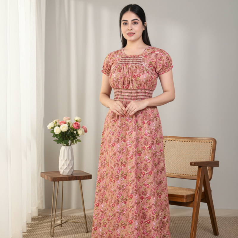 Zairra Women’s Cotton Printed Maxi Nightgown – Peach Floral Design (Free Size)