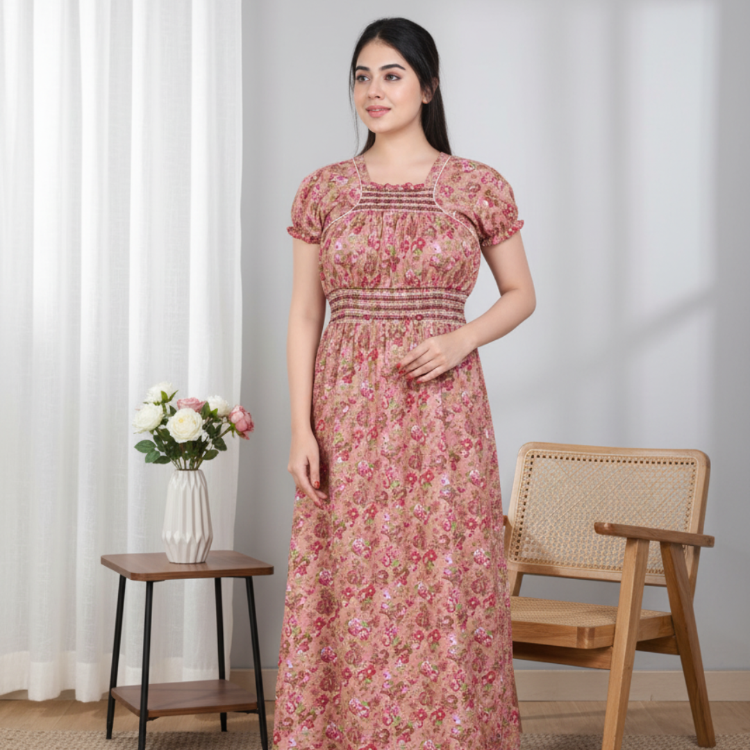 Zairra Women’s Cotton Printed Maxi Nightgown – Peach Floral Design (Free Size)