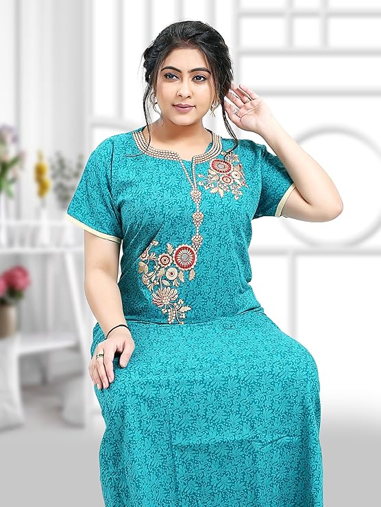 Zairra Embroidered Cotton Nightgown for Women – Teal Blue with Floral Embroidery