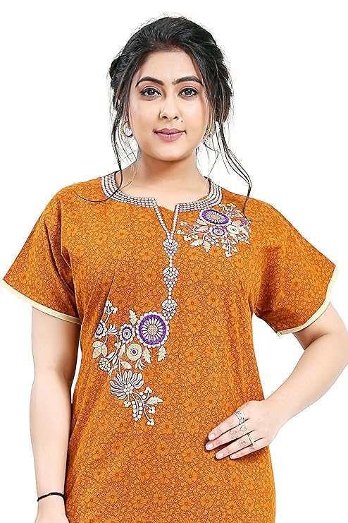 Zairra Embroidered Cotton Nightgown for Women – Rust Orange with Floral Neck Embroidery