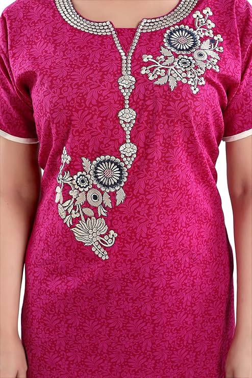 Zairra Embroidered Cotton Maxi Nightgown for Women – Magenta Pink with White Floral Embroidery