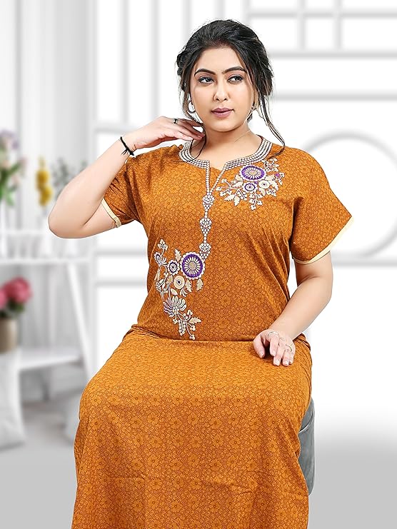 Zairra Embroidered Cotton Nightgown for Women – Rust Orange with Floral Neck Embroidery