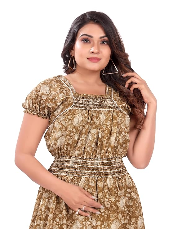 Zairra Women’s Cotton Nightgown – Golden Printed Maxi Sleepwear
