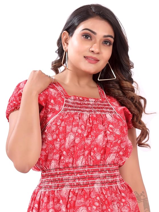 Zairra Women’s Cotton Nightgown – Pink Abstract Printed Maxi Nightwear