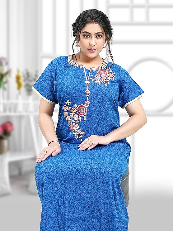 Zairra Embroidered Cotton Nightgown for Women – Royal Blue with Floral Embroidery