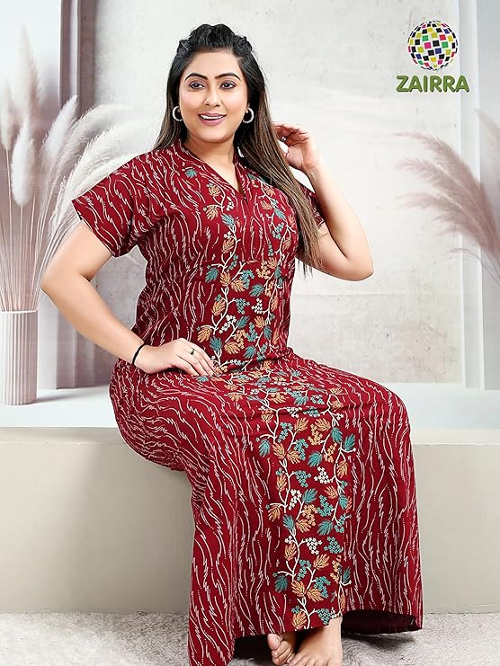 Zairra Red Cotton Nighty for Women – Front Zip, Full-Length, 100% Cotton