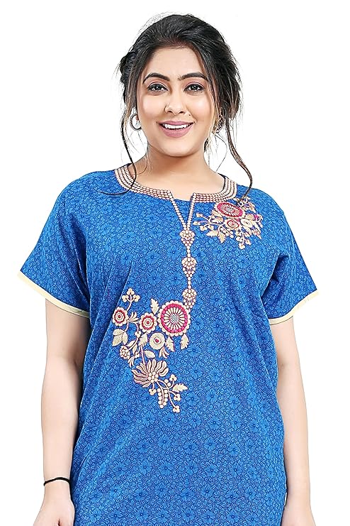 Zairra Embroidered Cotton Nightgown for Women – Royal Blue with Floral Embroidery