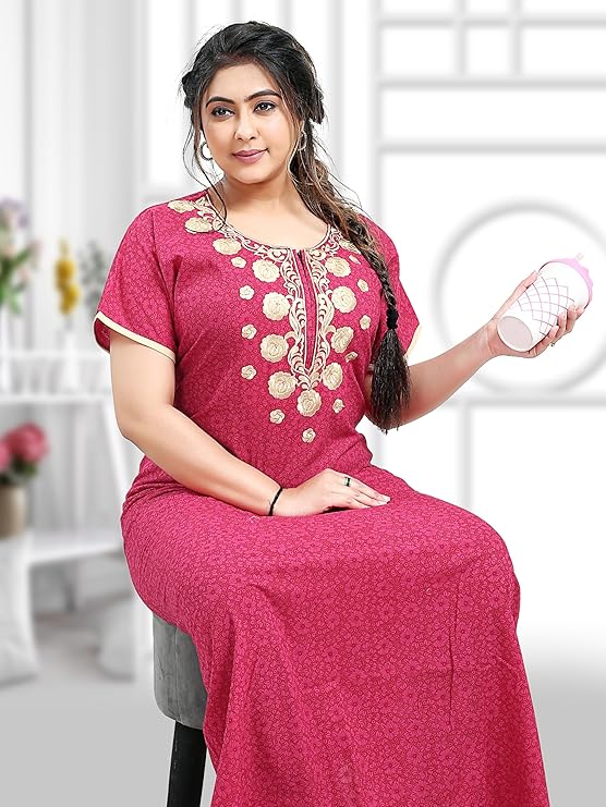 Zairra Printed Cotton Zipper Nightdress for Women – Dark Rose Pink with Golden Embroidery