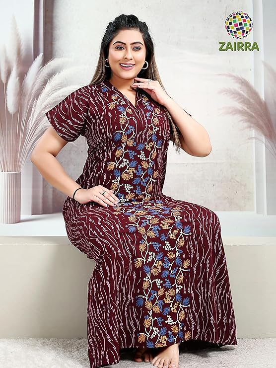 Zairra Brown Printed Cotton Nighty for Women – Front Zipper, Maxi Fit, Soft Cotton