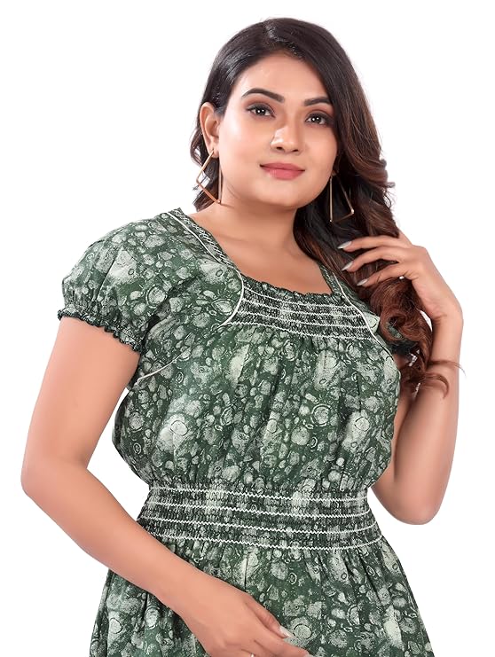 Zairra Women’s Cotton Nightgown – Dark Green with White Floral Tie-Dye Print