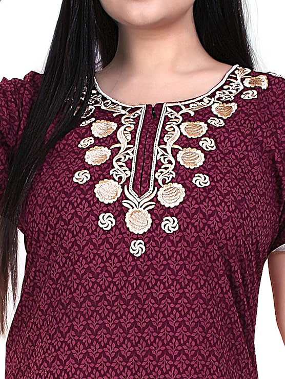 Zairra Women’s Cotton Printed Maxi Nightgown – Maroon with Golden Embroidered Yoke (Free Size, Zipper Closure)