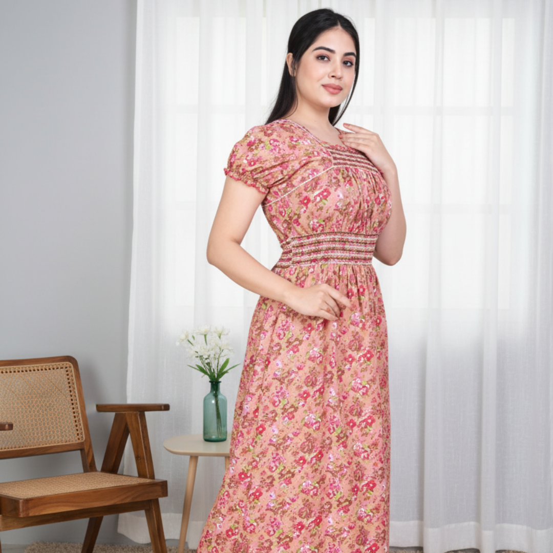 Zairra Women’s Cotton Printed Maxi Nightgown – Peach Floral Design (Free Size)