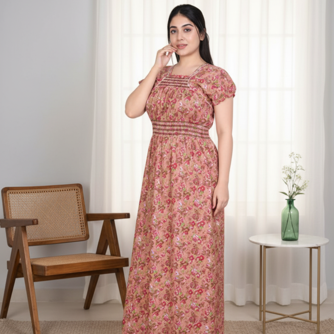 Zairra Women’s Cotton Printed Maxi Nightgown – Peach Floral Design (Free Size)