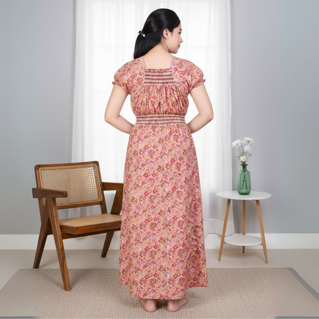 Zairra Women’s Cotton Printed Maxi Nightgown – Peach Floral Design (Free Size)