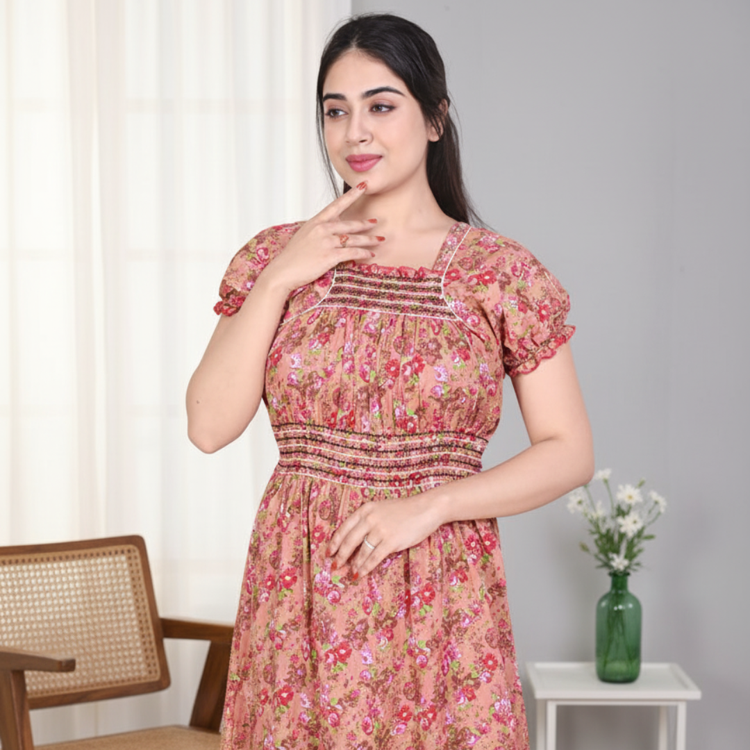 Zairra Women’s Cotton Printed Maxi Nightgown – Peach Floral Design (Free Size)