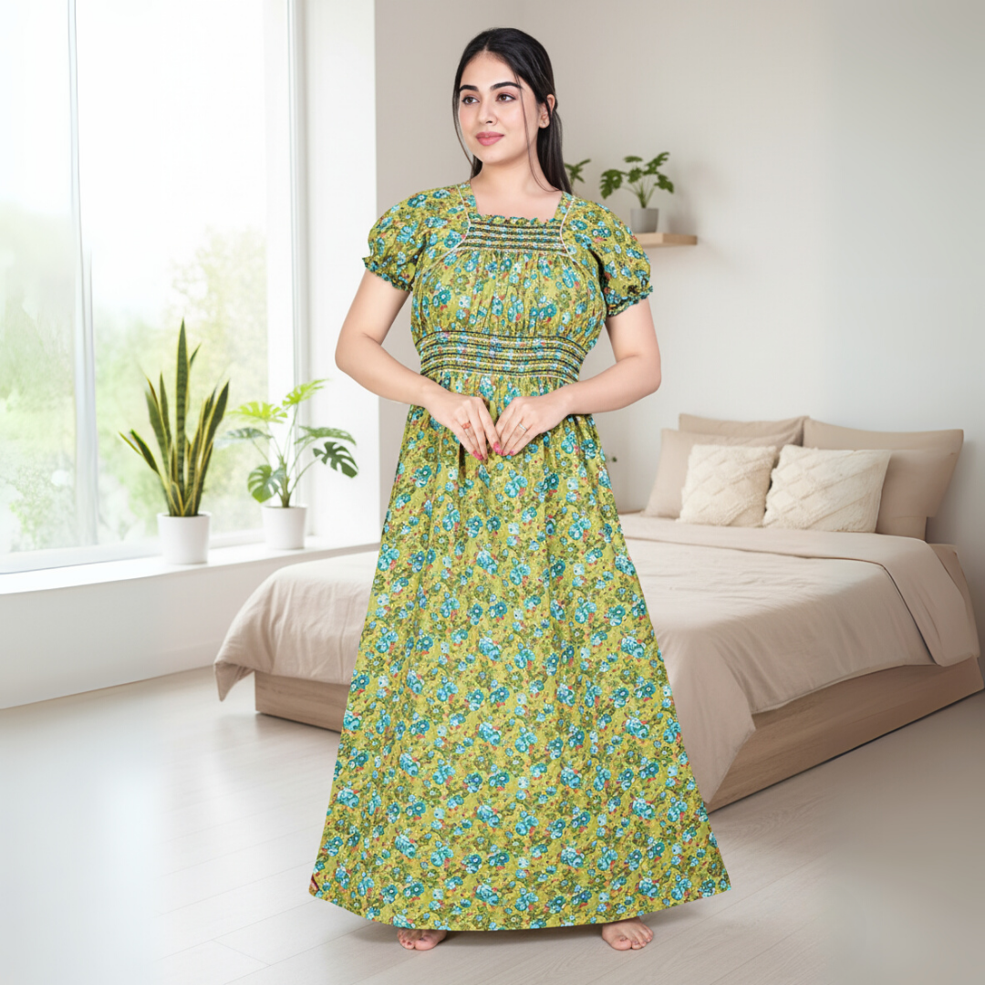 Zairra Women’s Cotton Printed Maxi Nightgown – Mustard Yellow with Blue Floral Print (Free Size)