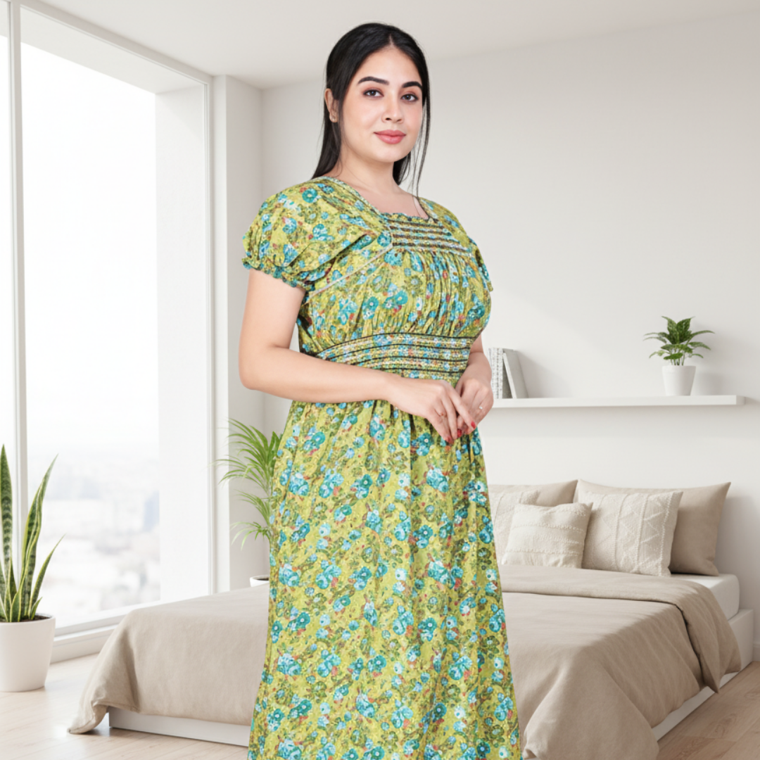Zairra Women’s Cotton Printed Maxi Nightgown – Mustard Yellow with Blue Floral Print (Free Size)