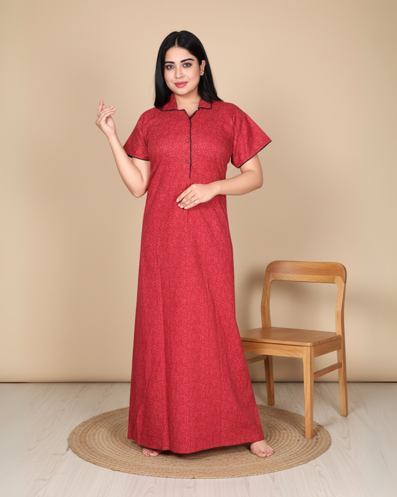 Zairra Solid Cotton Maxi Nighty for Women – Red with Button Closure (Free Size)