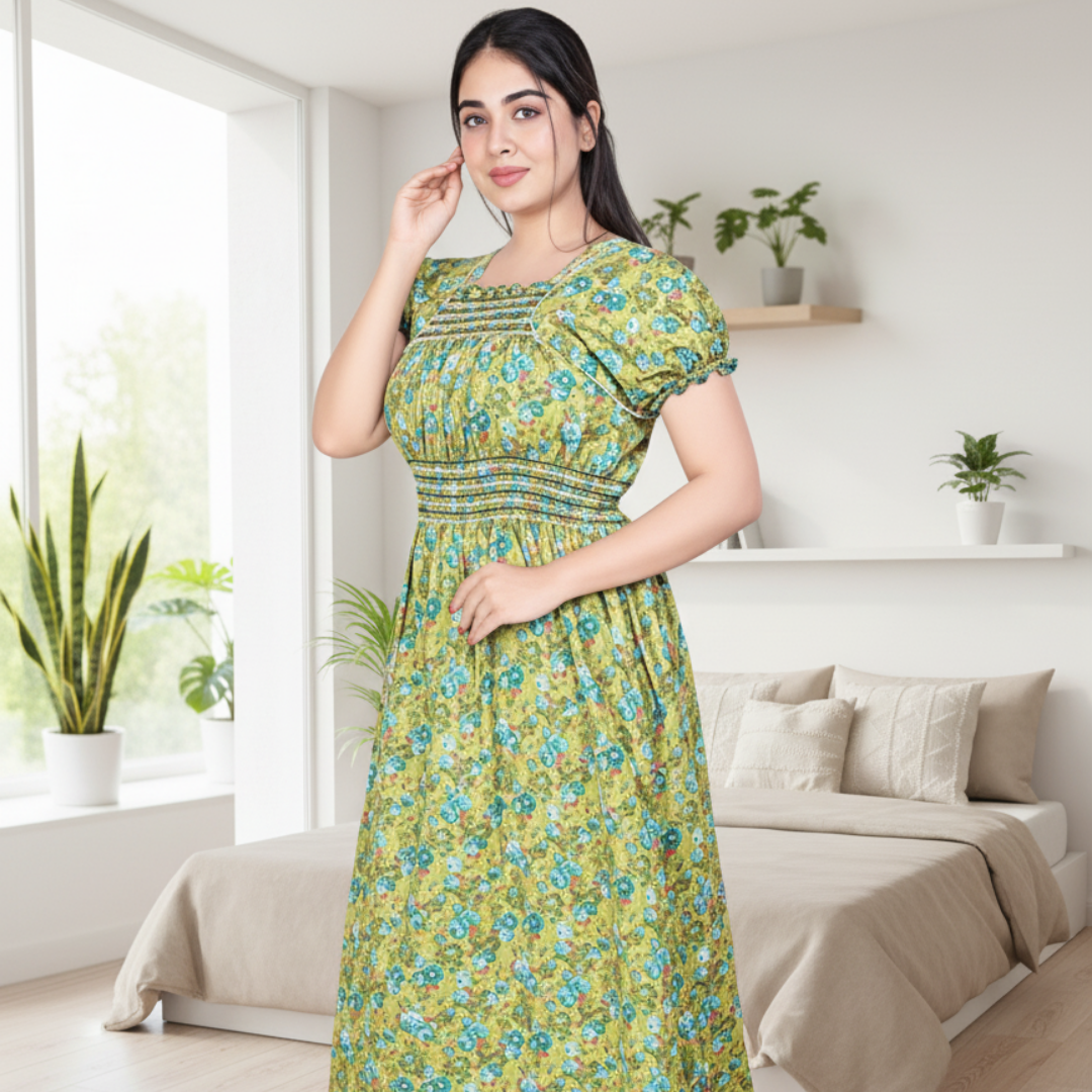 Zairra Women’s Cotton Printed Maxi Nightgown – Mustard Yellow with Blue Floral Print (Free Size)