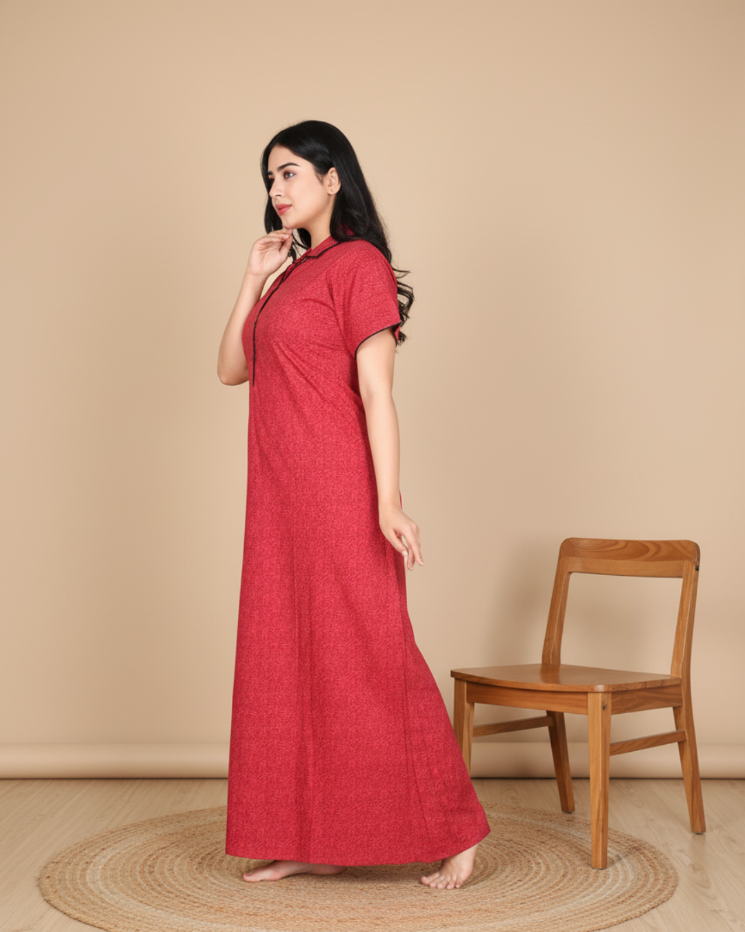 Zairra Solid Cotton Maxi Nighty for Women – Red with Button Closure (Free Size)