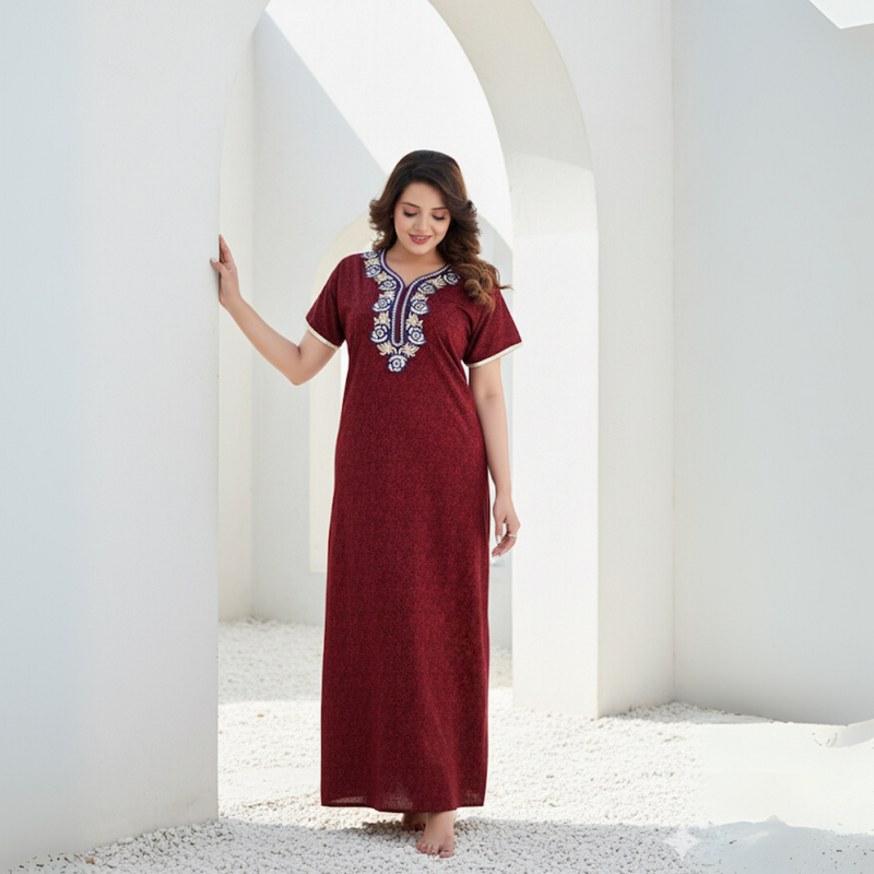 Zairra Embroidered Cotton Full-Length Nightgown for Women – Wine Red with Blue & White Embroidery, Free size