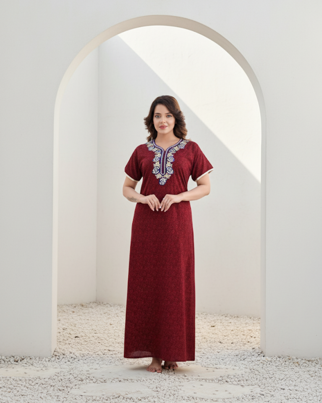 Zairra Embroidered Cotton Full-Length Nightgown for Women – Wine Red with Blue & White Embroidery, Free size