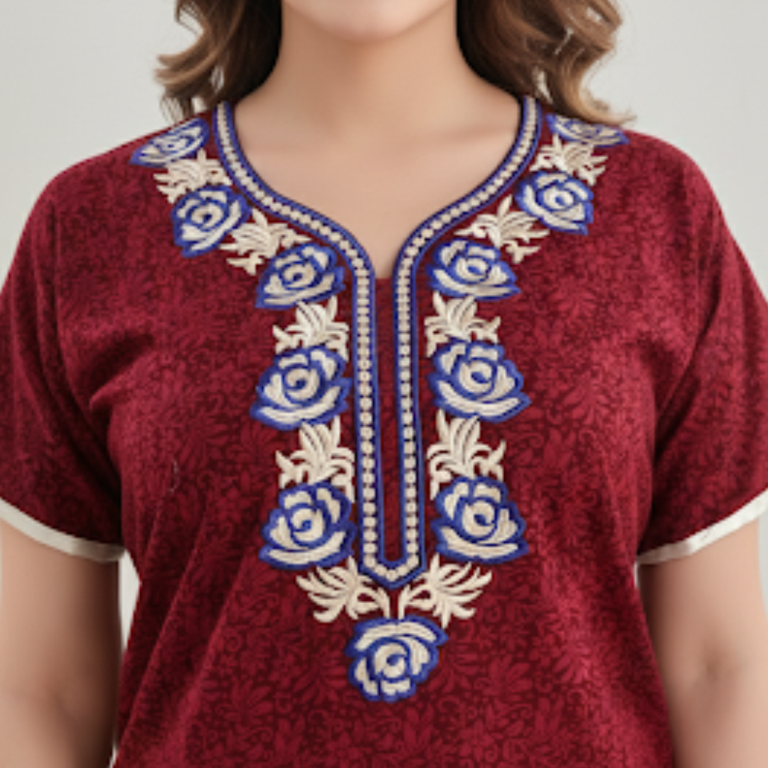 Zairra Embroidered Cotton Full-Length Nightgown for Women – Wine Red with Blue & White Embroidery, Free size
