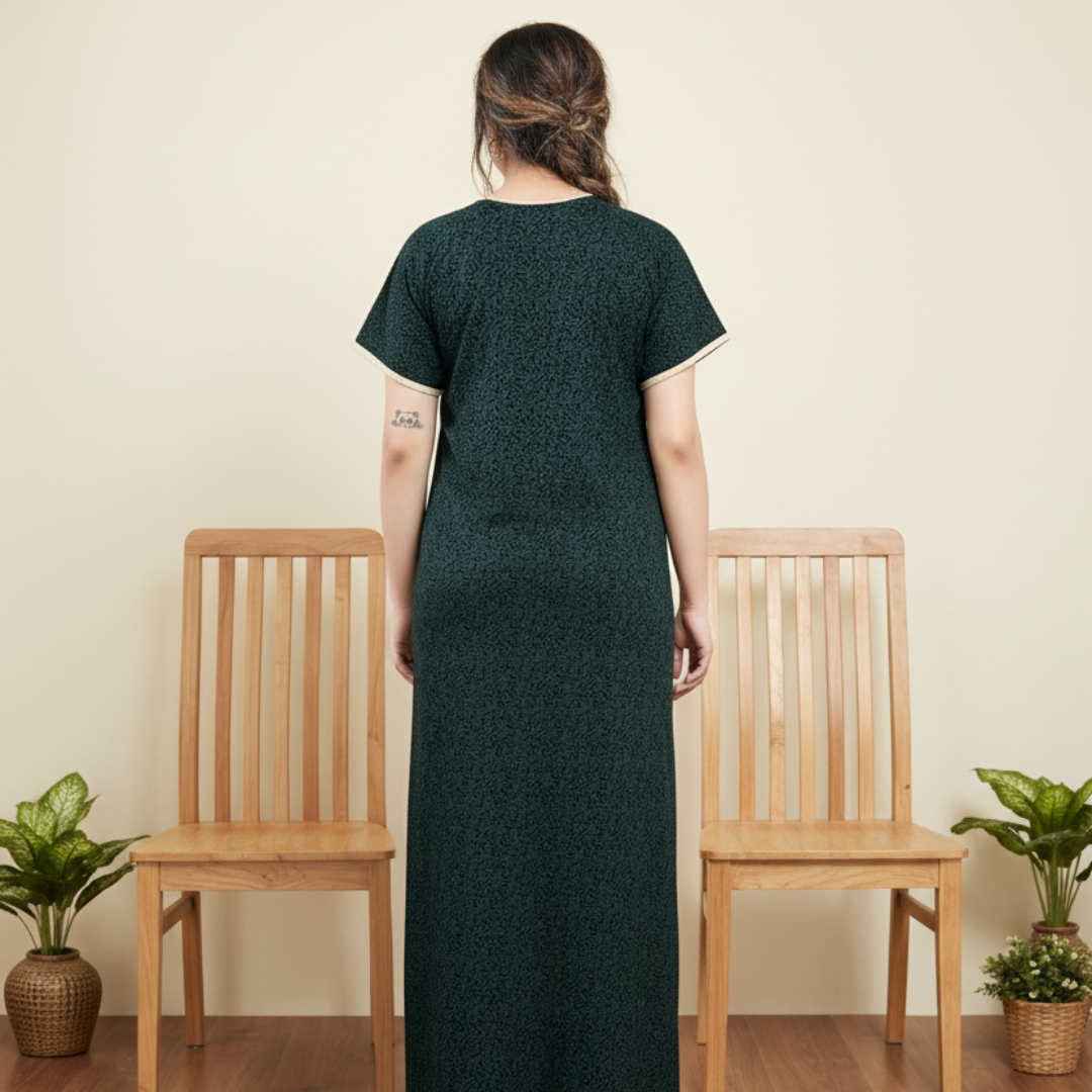 Zairra Embroidered Cotton Maxi Nighty for Women – Deep Green