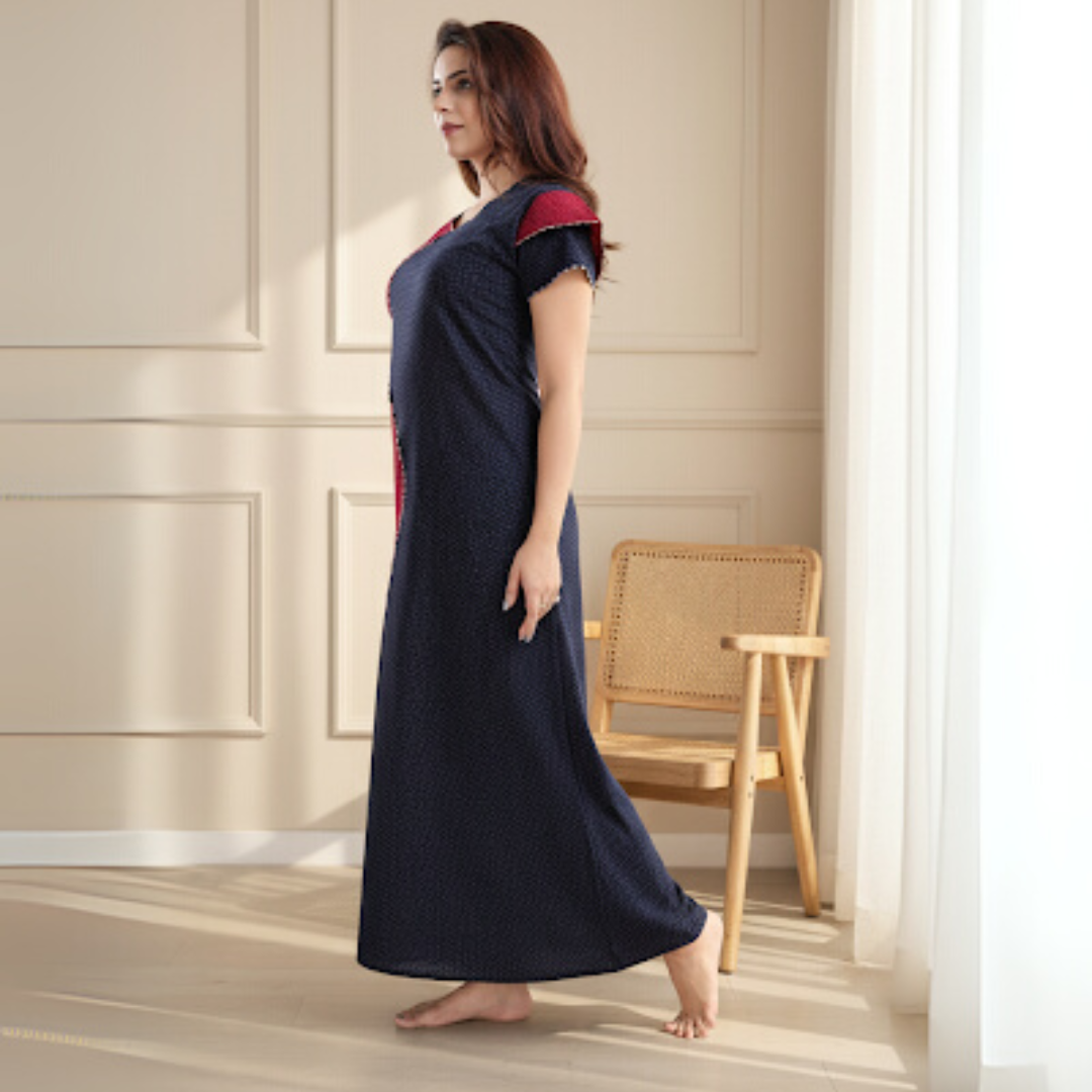 Zairra Women’s Cotton Printed Maxi Nightgown – Dual Tone Comfort in Navy & Maroon